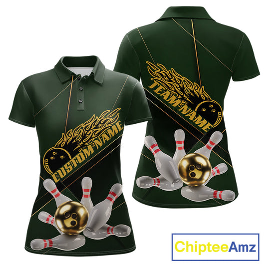 Custom Green And Gold Bowling Shirts For Women, Flame Bowling Team Shirts Bowling Uniform IPHW10663