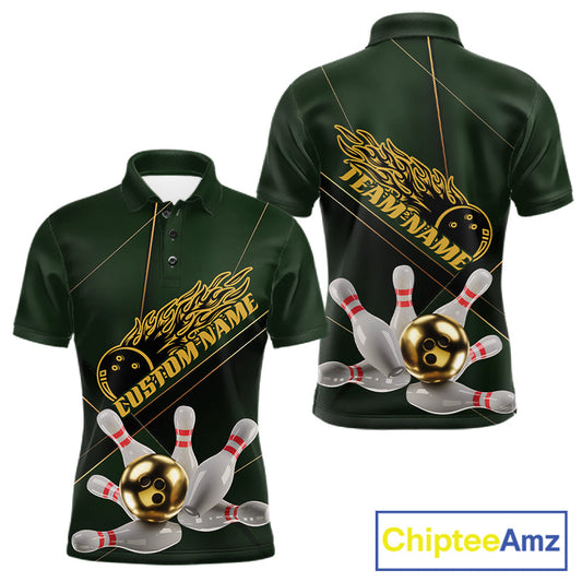 Custom Green And Gold Bowling Shirts For Men, Flame Bowling Team Shirts Bowling Uniform IPHW10663