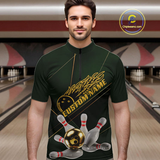 Custom Green And Gold Bowling Shirts For Men, Flame Bowling Team Shirts Bowling Uniform IPHW10663