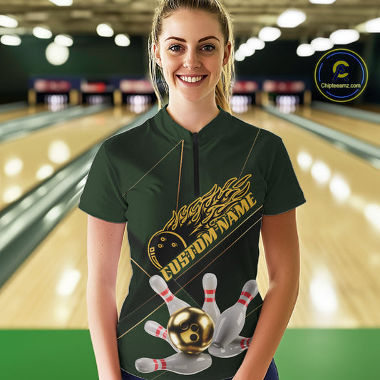 Custom Green And Gold Bowling Shirts For Women, Flame Bowling Team Shirts Uniform IPHW10663