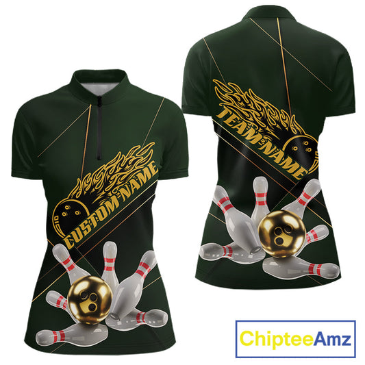 Custom Green And Gold Bowling Shirts For Women, Flame Bowling Team Shirts Uniform IPHW10663