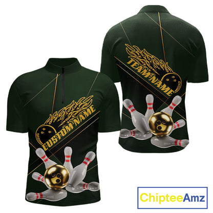 Custom Green And Gold Bowling Shirts For Men, Flame Bowling Team Shirts Bowling Uniform IPHW10663