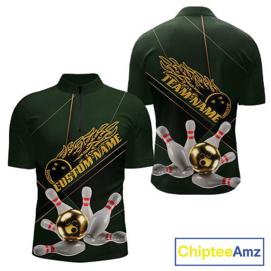 Custom Green And Gold Bowling Shirts For Men, Flame Bowling Team Shirts Bowling Uniform IPHW10663