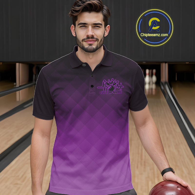 Bowling Heartbeat Pulse Line Purple Argyle Custom Bowling Team Polo Shirts For Men IPHW10665