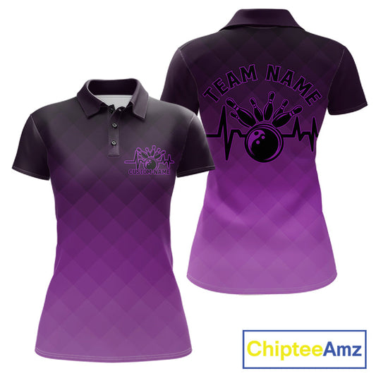 Bowling Heartbeat Pulse Line Purple Argyle Custom Bowling Team Polo Shirts For Women IPHW10665