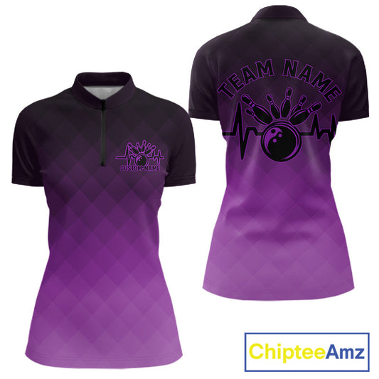 Bowling Heartbeat Pulse Line Purple Argyle Custom Bowling Quarter-Zip Shirts For Women IPHW10665