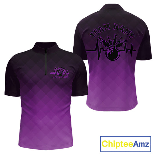 Bowling Heartbeat Pulse Line Purple Argyle Custom Bowling Team Quarter-Zip Shirts For Men IPHW10665