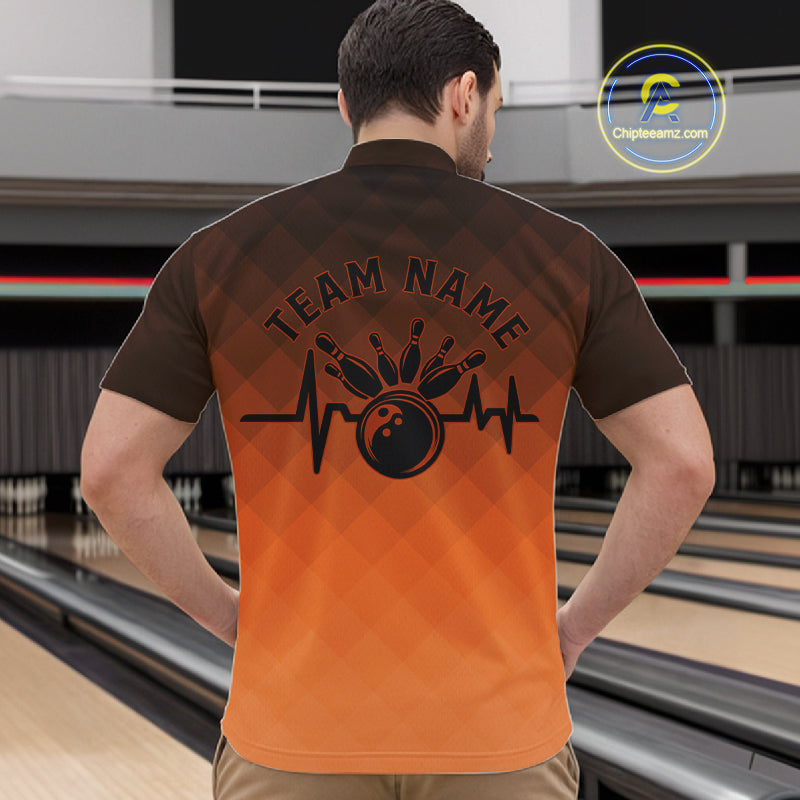 Bowling Heartbeat Pulse Line Orange Argyle Custom Bowling Team Quarter-Zip Shirts For Men IPHW10666