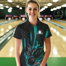 Load image into Gallery viewer, Custom Turquoise Blue US Flag Patriotic Women Bowling Shirt, American Flame Bowling Jersey IPHW11149