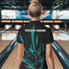 Load image into Gallery viewer, Custom Turquoise Blue US Flag Patriotic Women Bowling Shirt, American Flame Bowling Jersey IPHW11149