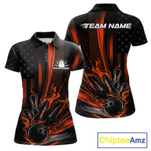 Load image into Gallery viewer, Front and back mockup of a black and orange women’s bowling polo shirt featuring a distressed American flag theme with a patriotic bowling strike design.
