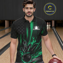 Load image into Gallery viewer, Custom Green US Flag Patriotic Men Bowling Shirt, American Flame Bowling Jersey IPHW11151