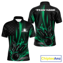 Load image into Gallery viewer, Custom Green US Flag Patriotic Men Bowling Shirt, American Flame Bowling Jersey IPHW11151