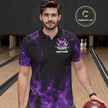 Load image into Gallery viewer, Purple Fire Bowling Ball And Pins Custom Shirts For Men, Flame Bowling Team Jersey IPHW11152