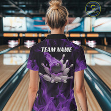 Load image into Gallery viewer, Purple Fire Bowling Ball And Pins Custom Shirts For Women, Flame Bowling Team Jersey IPHW11152
