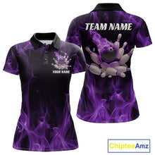 Load image into Gallery viewer, Purple Fire Bowling Ball And Pins Custom Shirts For Women, Flame Bowling Team Jersey IPHW11152