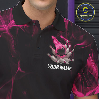 Close-up of a black and pink bowling polo shirt left chest featuring bowling strike graphics with a fiery background.