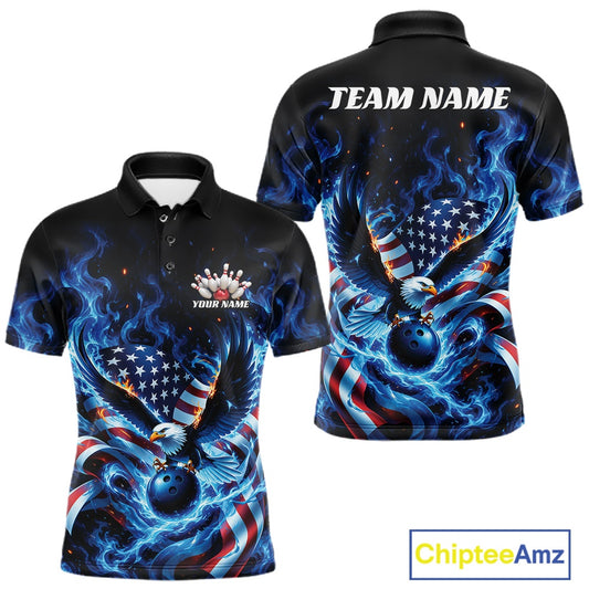 Men’s bowling polo shirt mockup shown front and back with flaming bald eagle artwork, blue bowling ball, American flag, and blue flame accents.