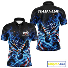 Load image into Gallery viewer, Men’s bowling polo shirt mockup shown front and back with flaming bald eagle artwork, blue bowling ball, American flag, and blue flame accents.