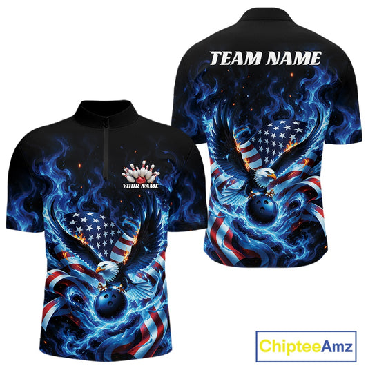Men’s bowling quarter zip shirt mockup shown front and back with flaming bald eagle, blue bowling ball, American flag details, and blue flames.