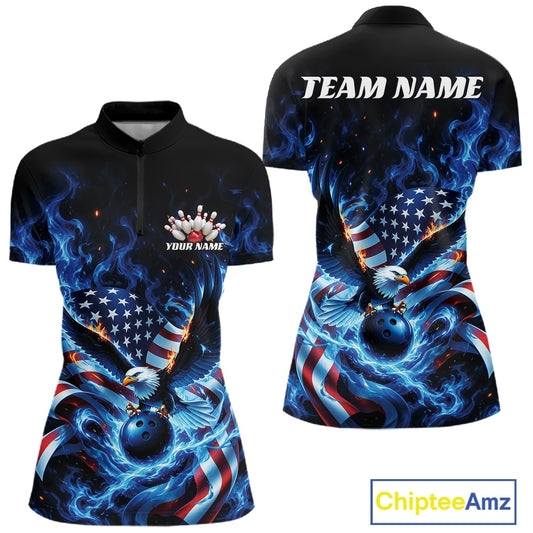 Women’s bowling quarter zip mockup shown front and back with flaming bald eagle, blue bowling ball, American flag, and blue flame accents.