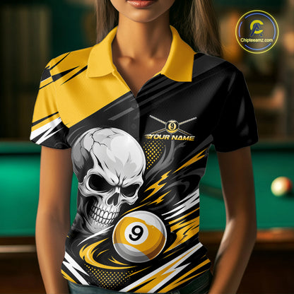 Custom Black And Yellow 9 Ball Skull Billiards Women Polo Shirt, Pool Team Shirt IPHW11739