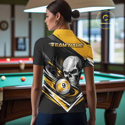 Custom Black And Yellow 9 Ball Skull Billiards Women Polo Shirt, Pool Team Shirt IPHW11739