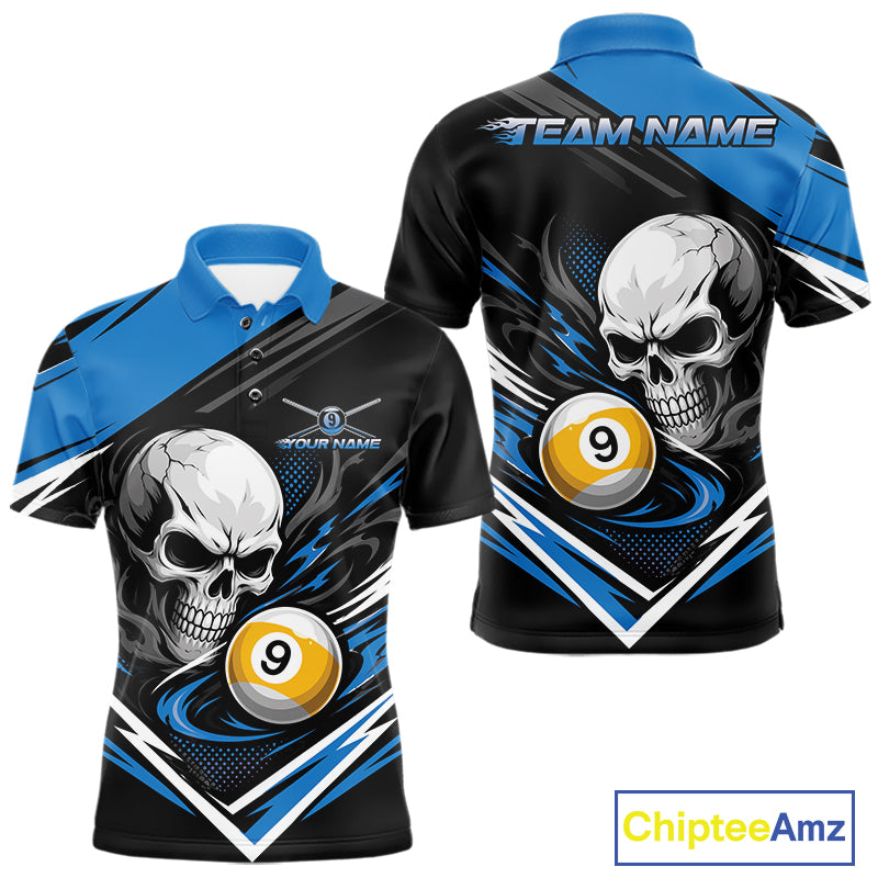 Custom Black And Blue 9 Ball Skull Billiards Men Polo Shirt, Pool Team Shirt IPHW11740