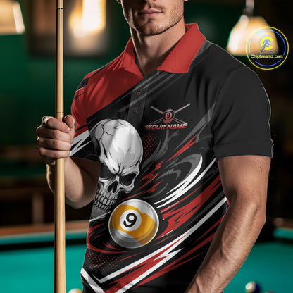 Custom Black And Red 9 Ball Skull Billiards Men Polo Shirt, Pool Team Shirt IPHW11741