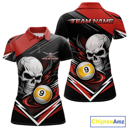 Custom Black And Red 9 Ball Skull Billiards Women Polo Shirt, Pool Team Shirt IPHW11741