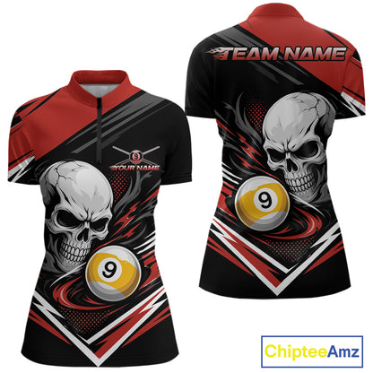 Custom Black And Red 9 Ball Skull Billiards Women Quarter-Zip Shirt, Pool Team Shirt IPHW11741