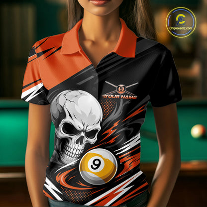Custom Black And Orange 9 Ball Skull Billiards Women Polo Shirt, Pool Team Shirt IPHW11742