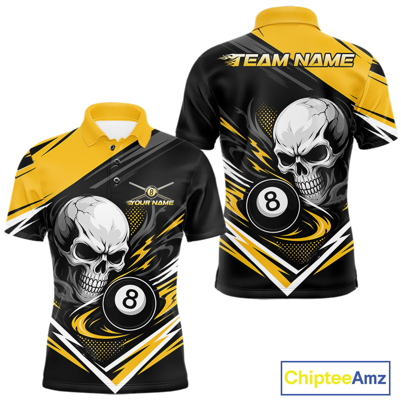 Custom Black And Yellow 8 Ball Skull Billiards Men Polo Shirt, Pool Team Shirt IPHW11744
