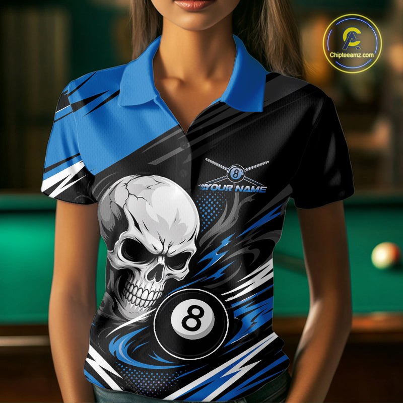 Custom Black And Blue 8 Ball Skull Billiards Women Polo Shirt, Pool Team Shirt IPHW11745