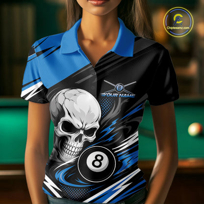 Custom Black And Blue 8 Ball Skull Billiards Women Polo Shirt, Pool Team Shirt IPHW11745
