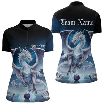 Custom Blue Ice Dragon Bowling Quarter-Zip Shirts For Women, Dragon Bowling League Shirt IPHW8301