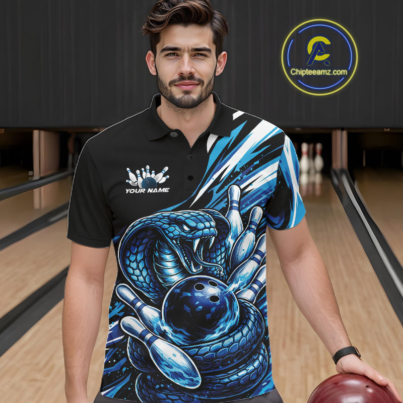 Custom Black And Blue Cobra Snake Men Bowling Polo Shirts, Cobra Bowling Jerseys IPHW10371