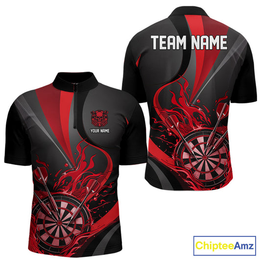 Custom Black And Red Flame Dartboard Darts Team Men Quarter-Zip Shirts, Darts Jerseys IPHW10380