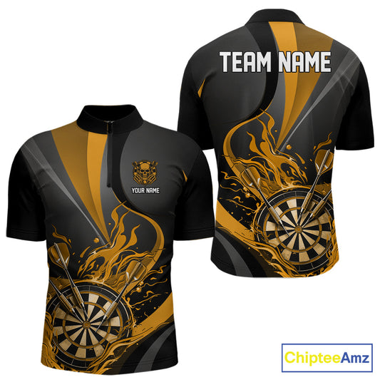 Custom Black And Yellow Flame Dartboard Darts Team Men Quarter-Zip Shirts, Darts Jerseys IPHW10381