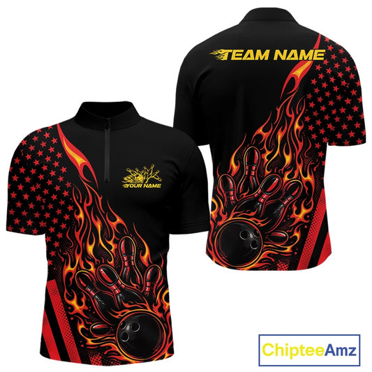 Front and back display of a black men’s bowling quarter-zip shirt showcasing a red and orange flaming bowling ball striking pins with patriotic American flag accents.
