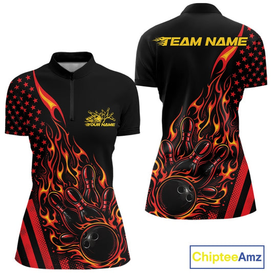 Front and back mockup of a black women’s bowling quarter-zip shirt showcasing a red and orange flaming bowling ball striking pins with patriotic graphics.