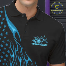 Load image into Gallery viewer, Custom Blue Patriotic Flame Bowling Men Polo Shirt, US Flag Bowler Jersey IPHW11166