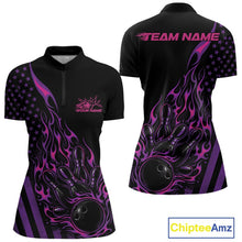 Load image into Gallery viewer, Custom Pink Purple Patriotic Flame Bowling Women Shirt, US Flag Bowler Jersey IPHW11167