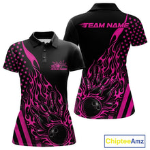 Load image into Gallery viewer, Front and back display of a black women’s bowling polo shirt featuring a pink flaming bowling ball striking pins with American flag accents.
