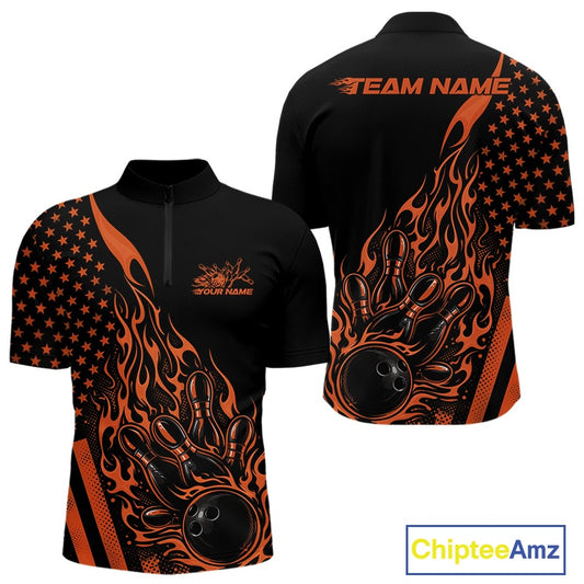 Front and back mockup of a black men’s bowling quarter-zip shirt featuring an orange flaming bowling ball striking pins with a patriotic American flag theme.