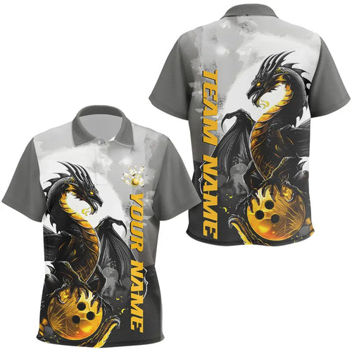 Black And Gold Custom Dragon Bowling Polo Shirts For Kid, Dragon Bowling Team Shirts IPHW7058