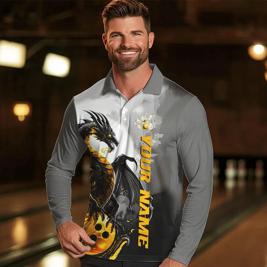 Black And Gold Custom Dragon Bowling Long Sleeve Polo Shirts For Men, Dragon Bowling Team Shirts IPHW7058