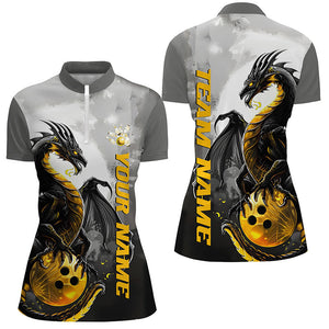 Black And Gold Custom Dragon Bowling Shirts For Women, Dragon Bowling Team Shirts IPHW7058