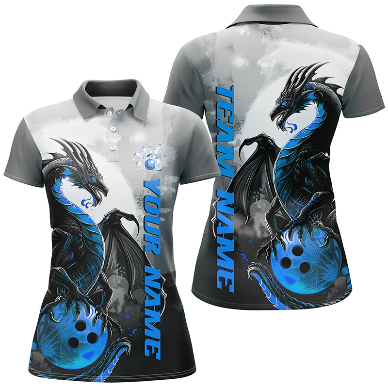 Black And Blue Custom Dragon Bowling Shirts For Women, Dragon Bowling Team Shirts IPHW7059