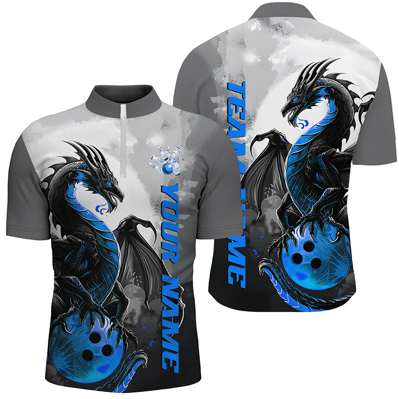 Black And Blue Custom Dragon Bowling Shirts For Men, Dragon Bowling Team Shirts IPHW7059